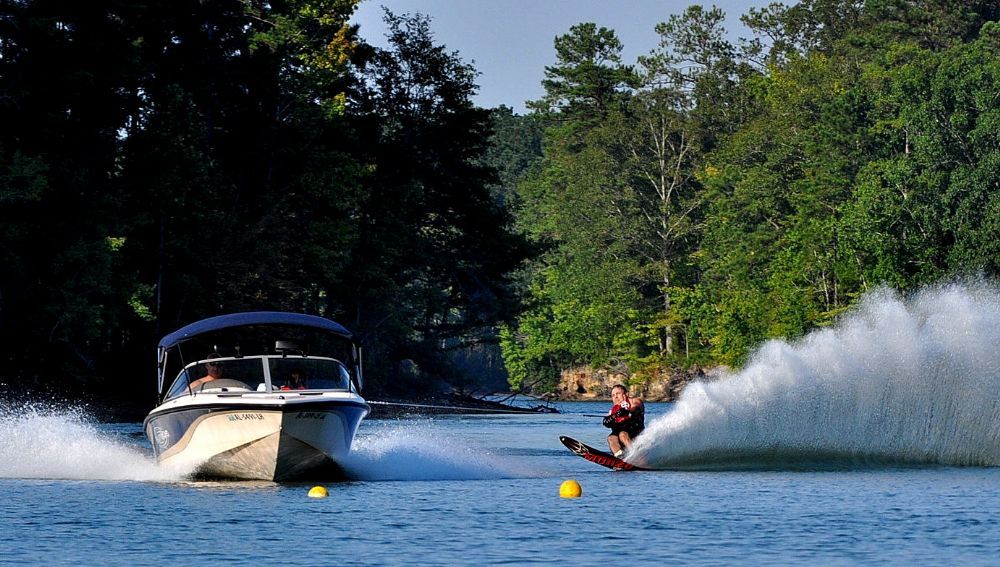Photo Water skiing near Wind Creek. Don Kelly still loves to slalom.